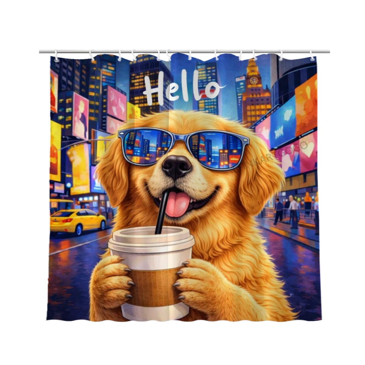 LFINKARTGOGO Golden Retriever City Shower Curtain 72x72 Inch with 12 Hooks Coffee Lover Bathroom Decor Urban Nightscape Waterproof Washable Polyester Bath Curtain