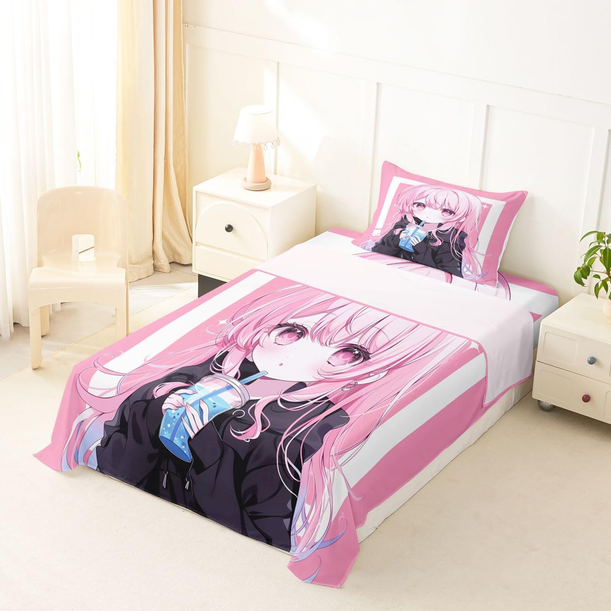 Erosebridal 3D Japanese Sheets Twin Anime Girl Drinking Milk Tea Bed Sheets Set Cute Kawaii Girly Sheet Set for Boys Girls Modern Fashion Aesthetic Bed Sets 3Pcs