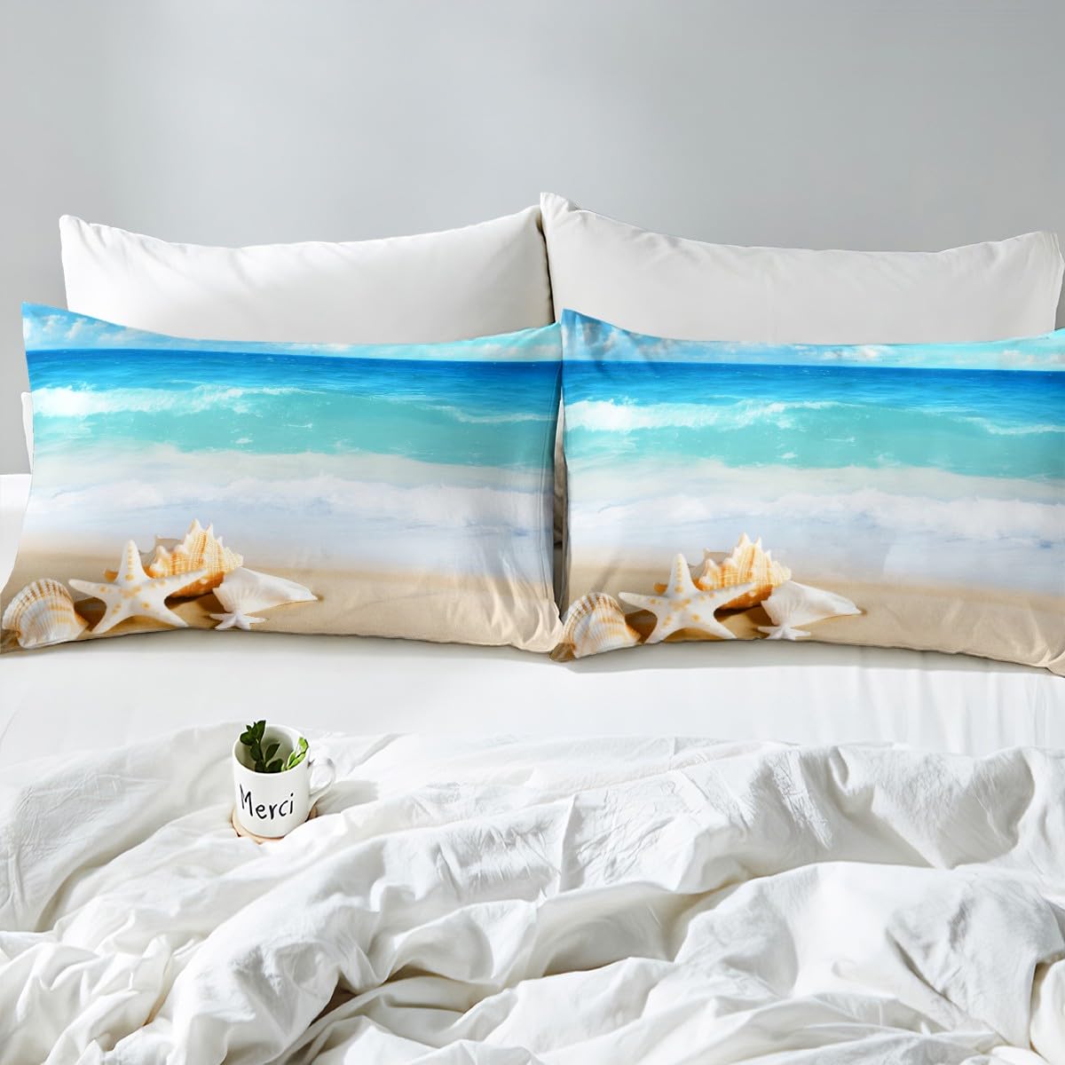 Feelyou Hawaii Beach Fitted Sheet Boys Girls Adults Ocean Wave Nautical Bedding Set Kids Starfish Shell Bed Sheet Set Summer Lightweight Bed Cover,Bedding Collection 3Pcs Sheets Full Size