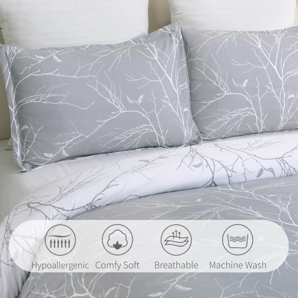 Vaulia Soft Microfiber Duvet Cover Sets, Branches Floral Theme, King Size Gray Color Design 3-Piece Set (1 Duvet Cover 2 Pillow Shams)
