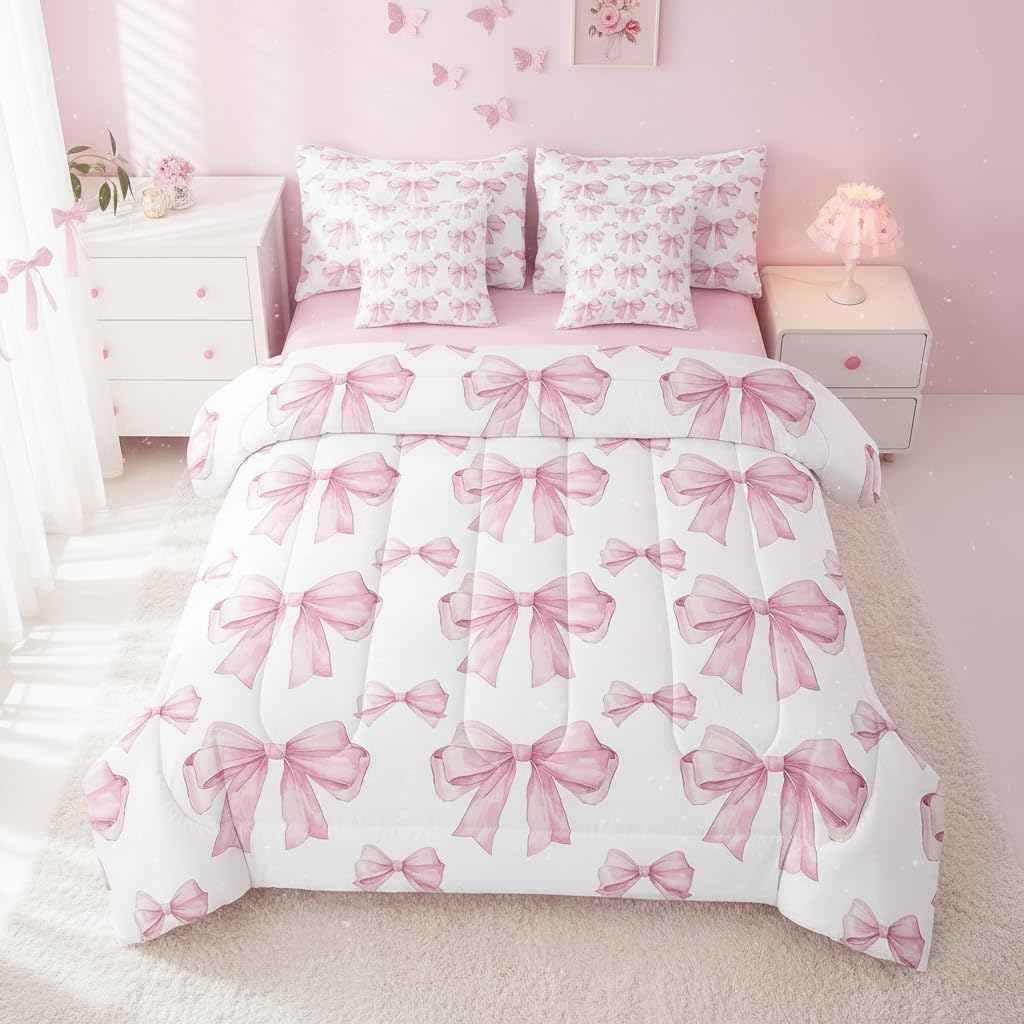 Erosebridal 7 Piece Pink Bowknot Kids Comforter Set King Bed in a Bag,Dreamy Princess Style Kids Girls Bedding Set for Women,Girly Bow Tie Bed Set,Romantic Valentine's Day Sheet Set Reversible Quilt
