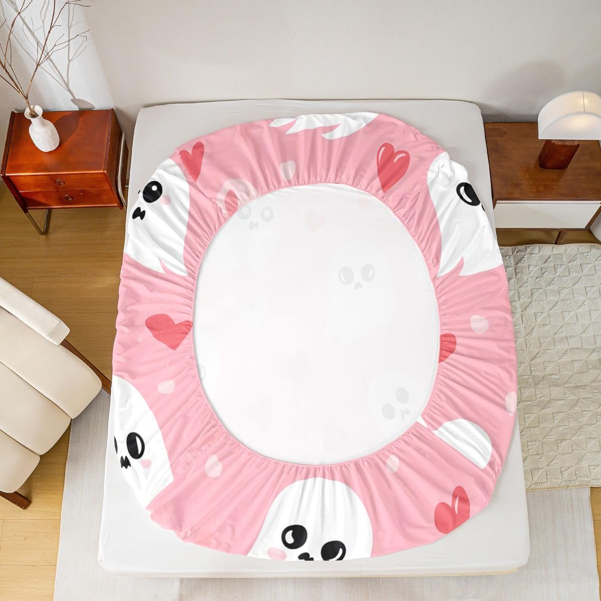 jejeloiu Cute Ghost Bed Sheets Set Full Size Kids Happy Halloween Pink Fitted Sheet for Boys Girls Kawaii Bedding Set Soft Microfiber Room Decor（with 2 Pillow Cases）