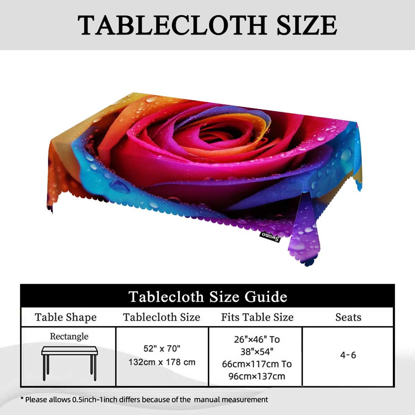 Swono Rose Table Cover Colorful Rose Flowers with Water Drops 50x72 Inch Table Cloth Kitchen Dinning Tablecloth for Rectangle Tables Buffet Parties Coffee BBQ Weddings