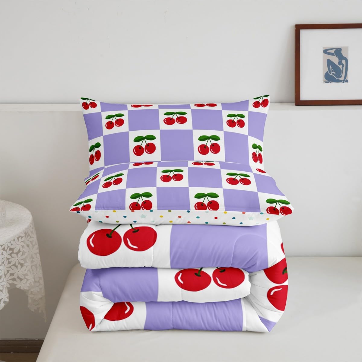 Manfei Cartoon Cherry Kids Comforter Set Twin Size,Geometric Plaid Checkerboard Patchwork Bedding Set,Girls Princess Room Decor,Tropical Fruit Fashion Down Comforter,Purple Duvet Insert,1 Pillowcase