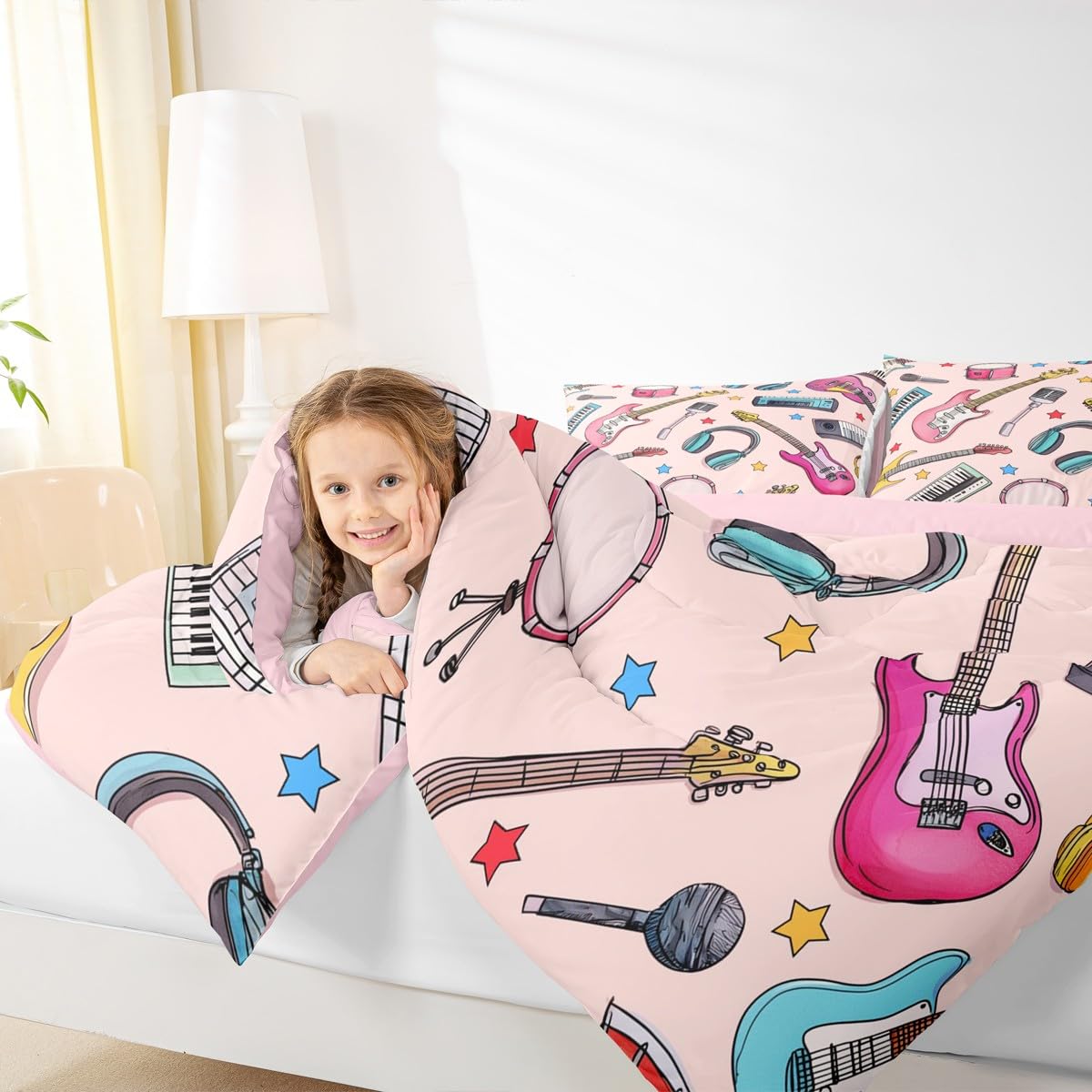 Erosebridal Rock Music Bedding Set Queen Musical Instruments Comforter Set for Kids Boys Girls Microphone Headphones Keyboard Down Comforter,Music Lovers Quilt Duvet