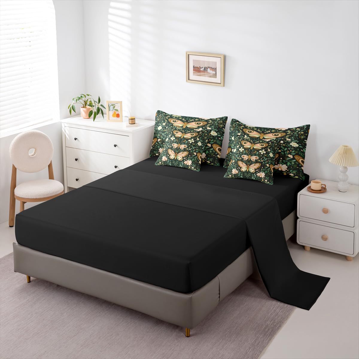 Feelyou Girls Butterfly Comforter Set with Sheets 7 Piece Queen Size Botanical Leaves Bedding Set for Kids Teens Beautiful Flower Bed in a Bag Room Decor Soft Lightweight Microfiber