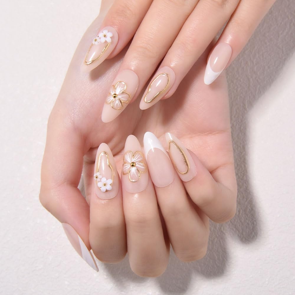 evpct 3D Flower French Press on Nails Medium Almond No Glue, White French Tip Gold Line Stick on Nail for Women Gift with Kit, Reusable Full Cover Soft Press on Fake Nail with 3D Floral Design