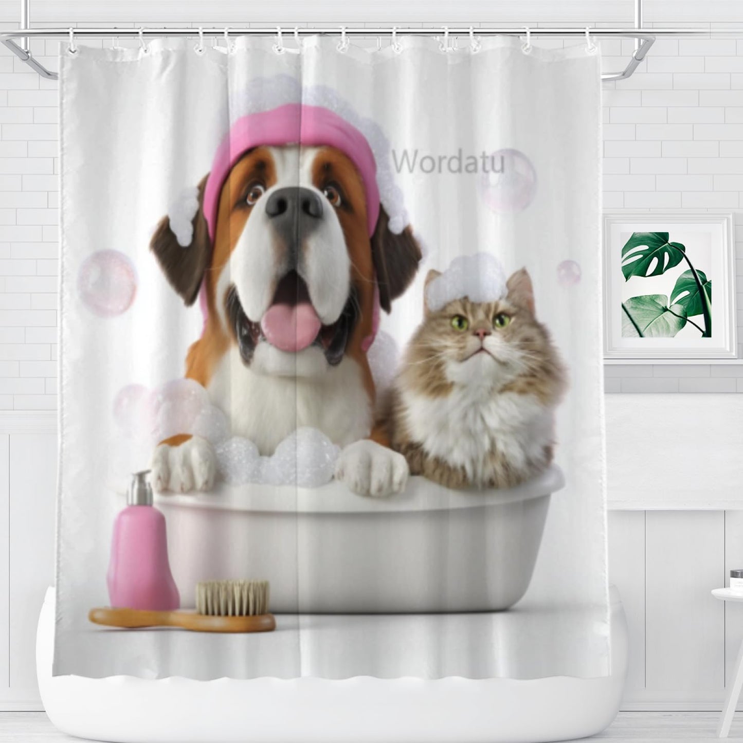 Wordatu Funny Saint-Bernard Shower Curtain Decor Fabric Bathroom Curtains, Kids Children Cartoon Waterproof 72x72 inch with 12 Hooks