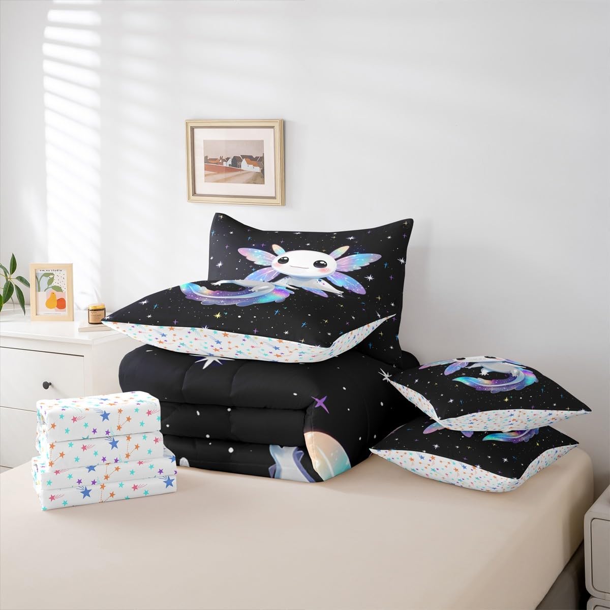 Colorful Axolotl Queen Comforter Set Kids Cute Rainbow Axolotl Bed in a Bag with Flat and Fitted Sheet Sparkle Starry Sky Stars Galaxy 7-Piece Bedding Set Lovely Salamander Quilt Duvet Sets