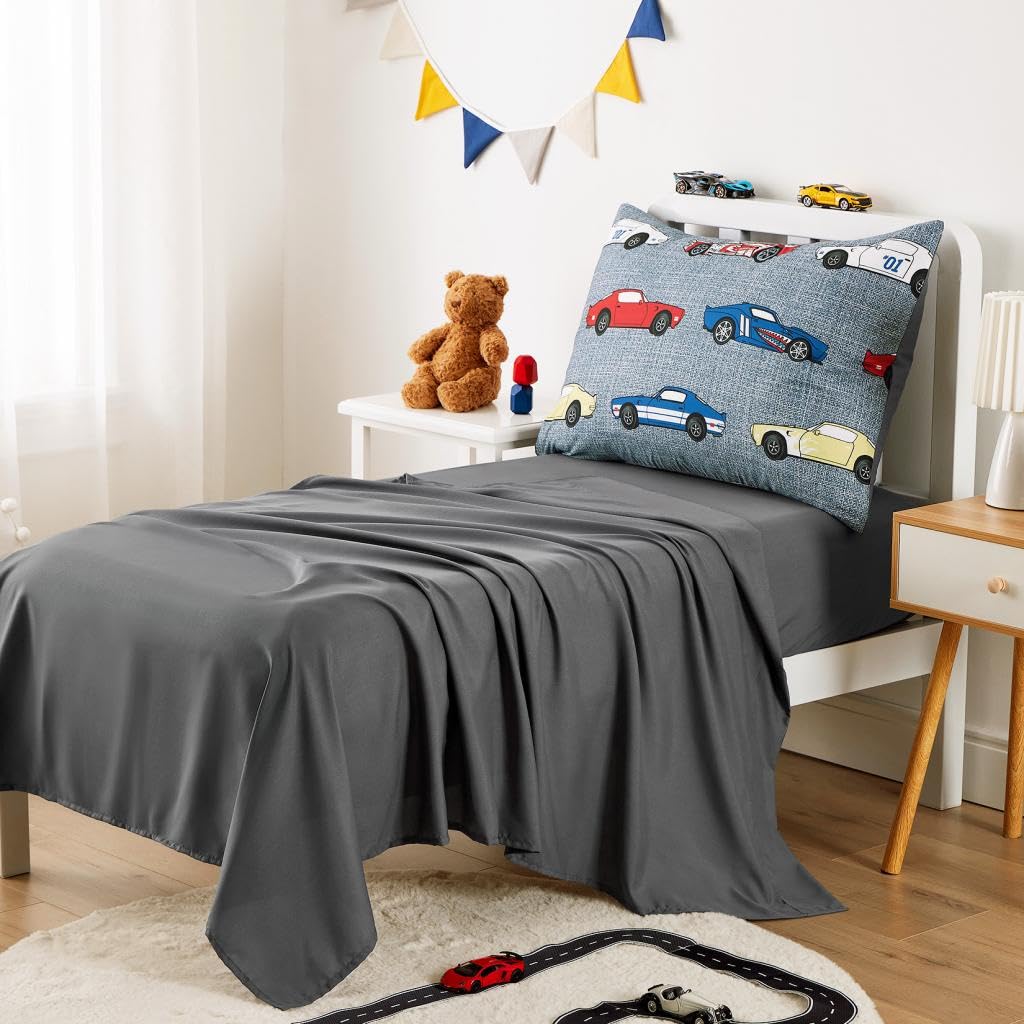 Wake In Cloud - Race Car Toddler Bedding Set for Boys, Cute Colorful Sports Car Supercar Wheels, 4 Pieces Soft Crib Bed Set Including Comforter, Sheets and Pillowcase, Gray