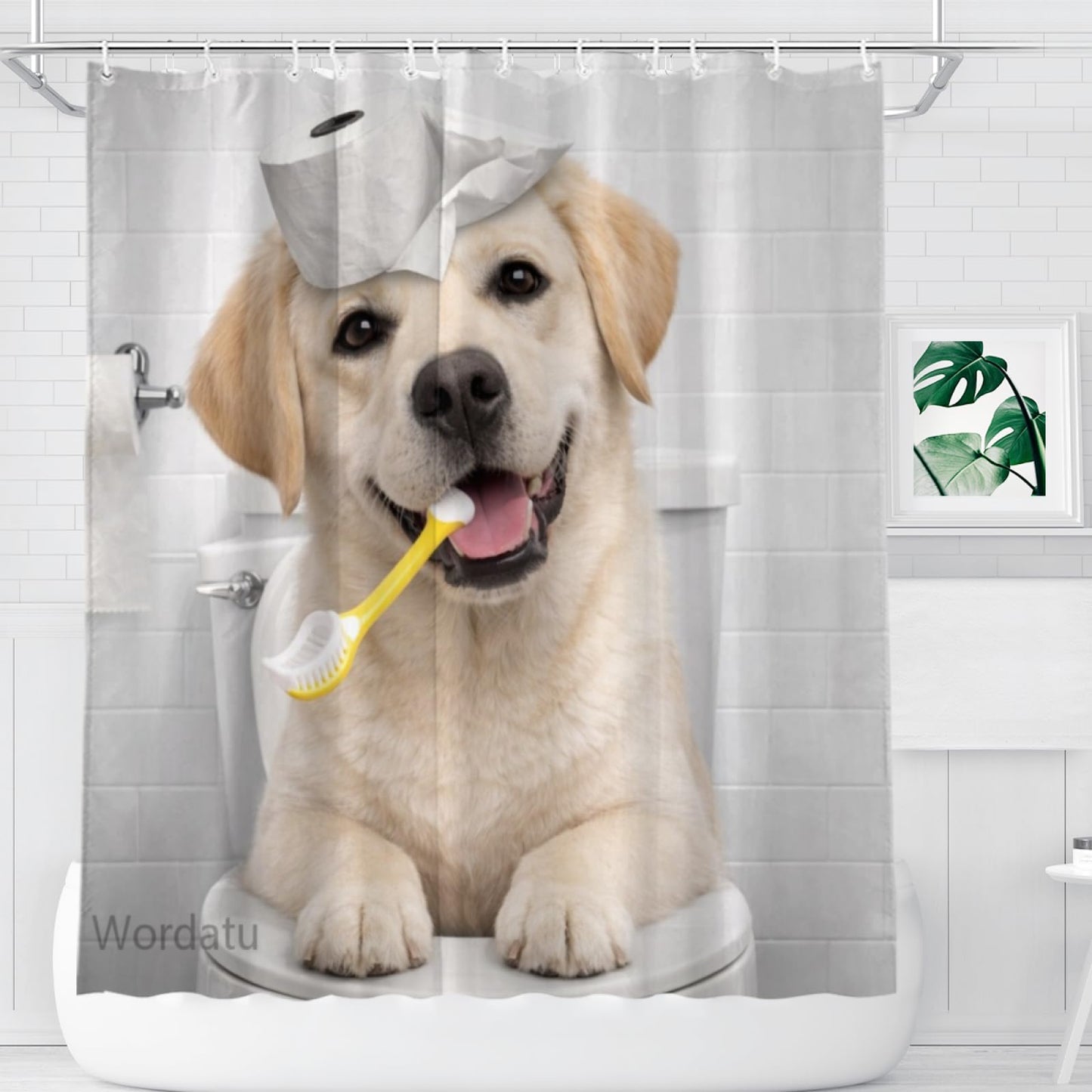 Wordatu Funny Labrador Retriever Dog Shower Curtain, Love Brushing Teeth Bathroom Decor, Waterproof Polyester Fabric 72x72 Inch with 12 Hooks(24860)