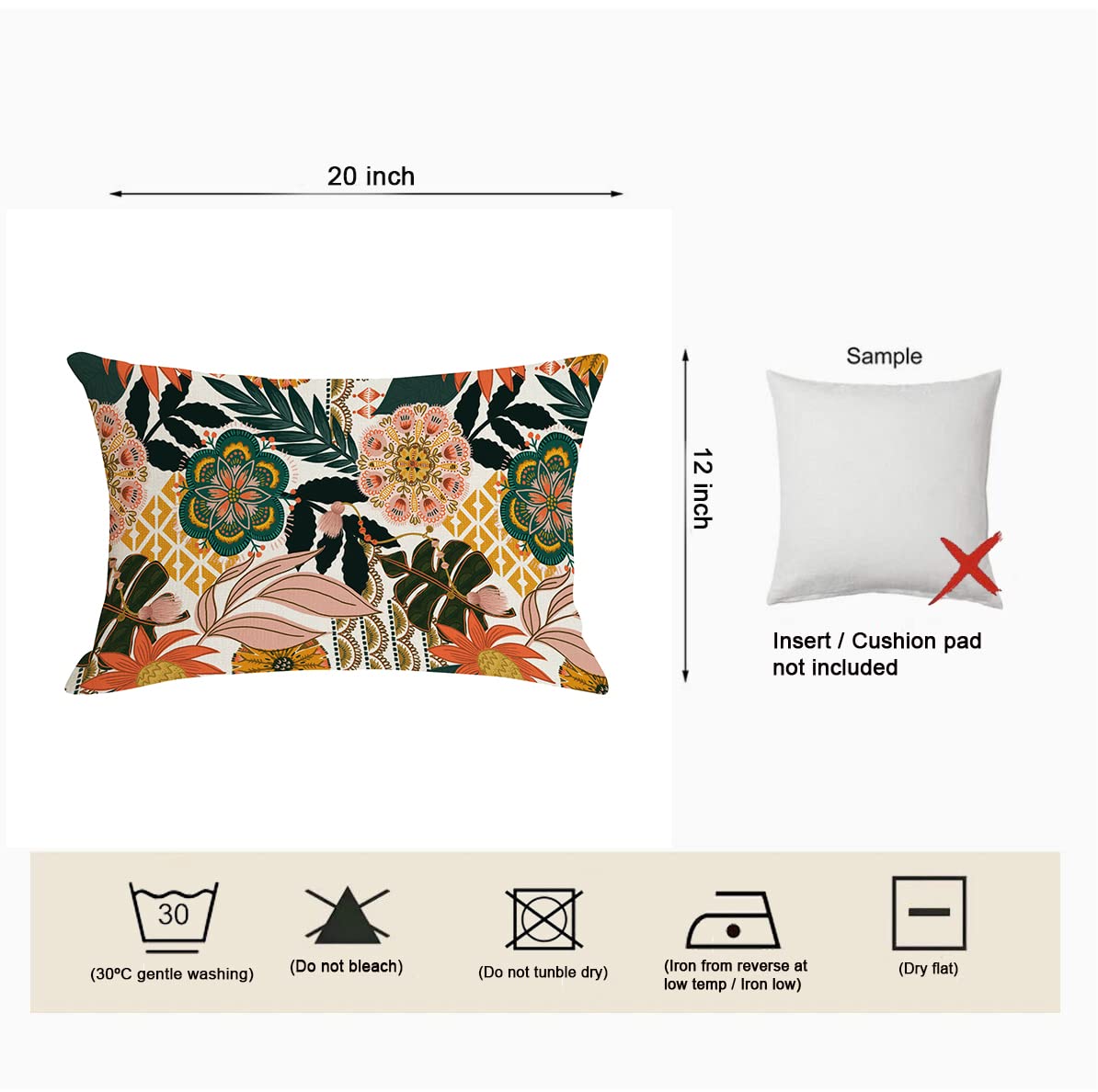Jartinle Flower Boho Outdoor Lumbar Pillow Covers 12x20 Waterproof Set of 2 Bohemian Blooming Floral Tropical Leaves Pattern Patio Throw Pillow Covers for Porch Balcony Garden