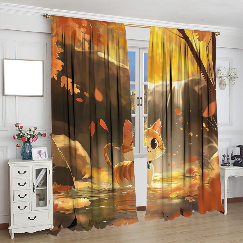 SOPIYRIO Modern Cartoon Cat Blackout Window Curtains Abstract Waterfall Fantasy Forest Animals Rod Pocket Curtains for Bedroom Thermal Insulating Drapes for Living Room 2 Panels 21 W x 45 L inch