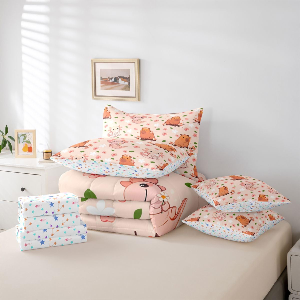 Erosebridal Cute Axolotl Queen Bedding Set Kids Cartoon Capybara Comforter Set for Boys Girls Teens Dreamy Pink Cherry Blossom 7-Piece Bed in a Bag Princess Cute Capybara Axolotl Quilt Sets