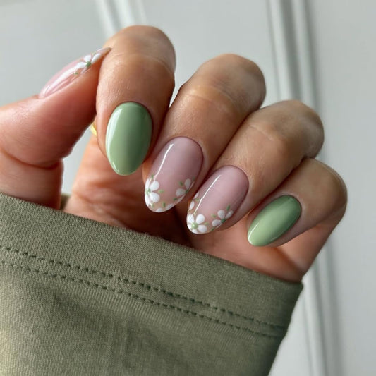 Mivota Short Oval Press On Nails green Pink False Nails with Flowe Finish Fashion Glossy Acrylic Press ons Nail Gel Stick On Nails Set Glue on Nails for Women & Girls, 24Pcs