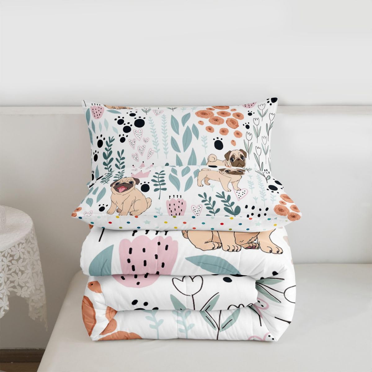 Erosebridal Kawaii Dog Bedding Set,Cartoon Pug Dog Comforter Set Twin,Cute Love Heart Leaf Flower Comforter Set for Kids Girls Boys,Paw Print Pet Animals Quilt Duvet Insert with 1 Pillow Case