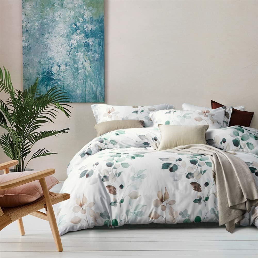 MILDLY Floral Duvet Cover Set - 100% Long-Staple Cotton Green Leaves Pattern Printed Comforter Cover 3pcs Soft Breathable Luxury Lightweigt Bedding for All Season