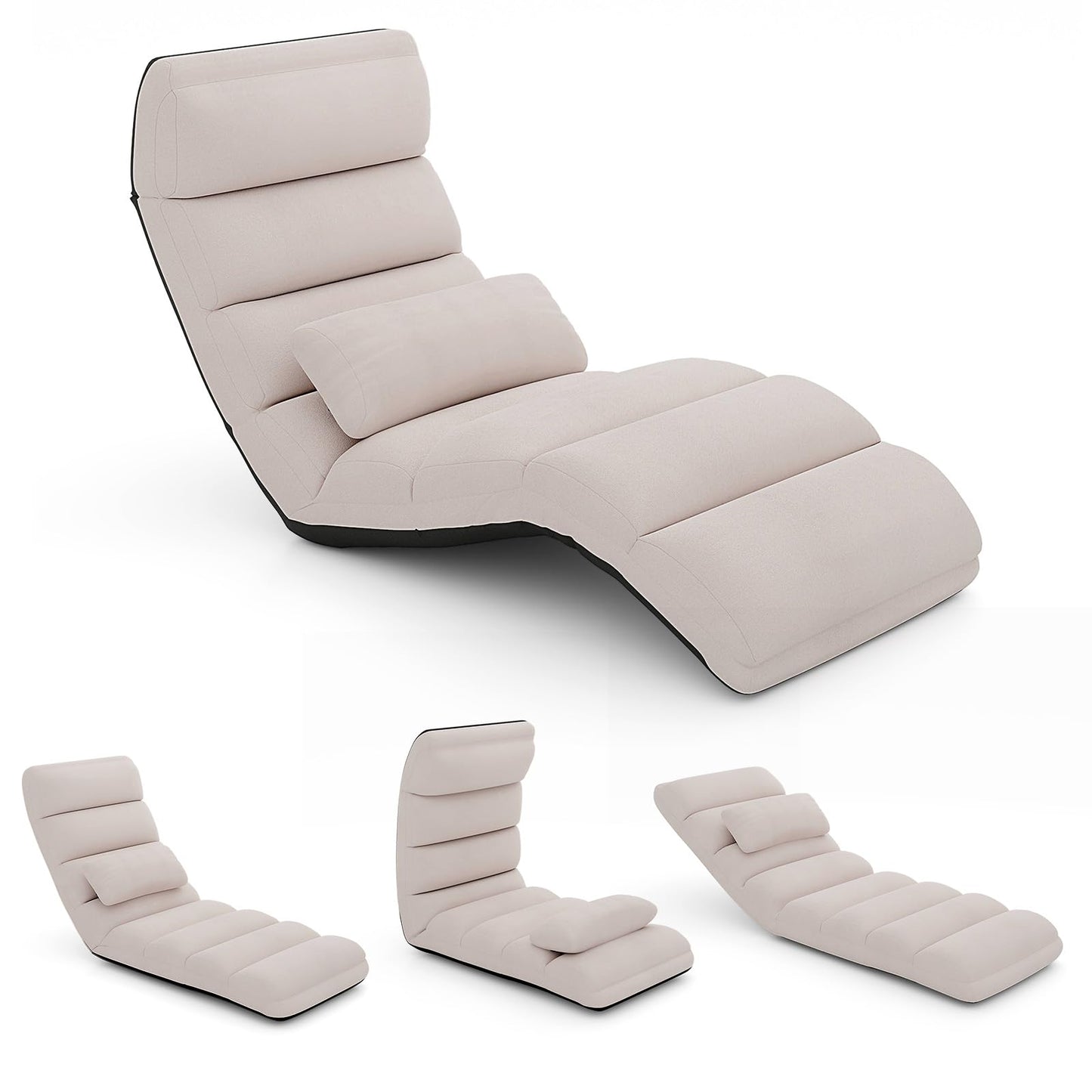 KOMFOTT Foldable Floor Lazy Sofa with Pillow, Indoor Chaise Lounge with 5 Adjustable Positions, Adjustable Back Support & Footrest, Video Gaming Chair for Home, Office, Reading, Watching (Beige)