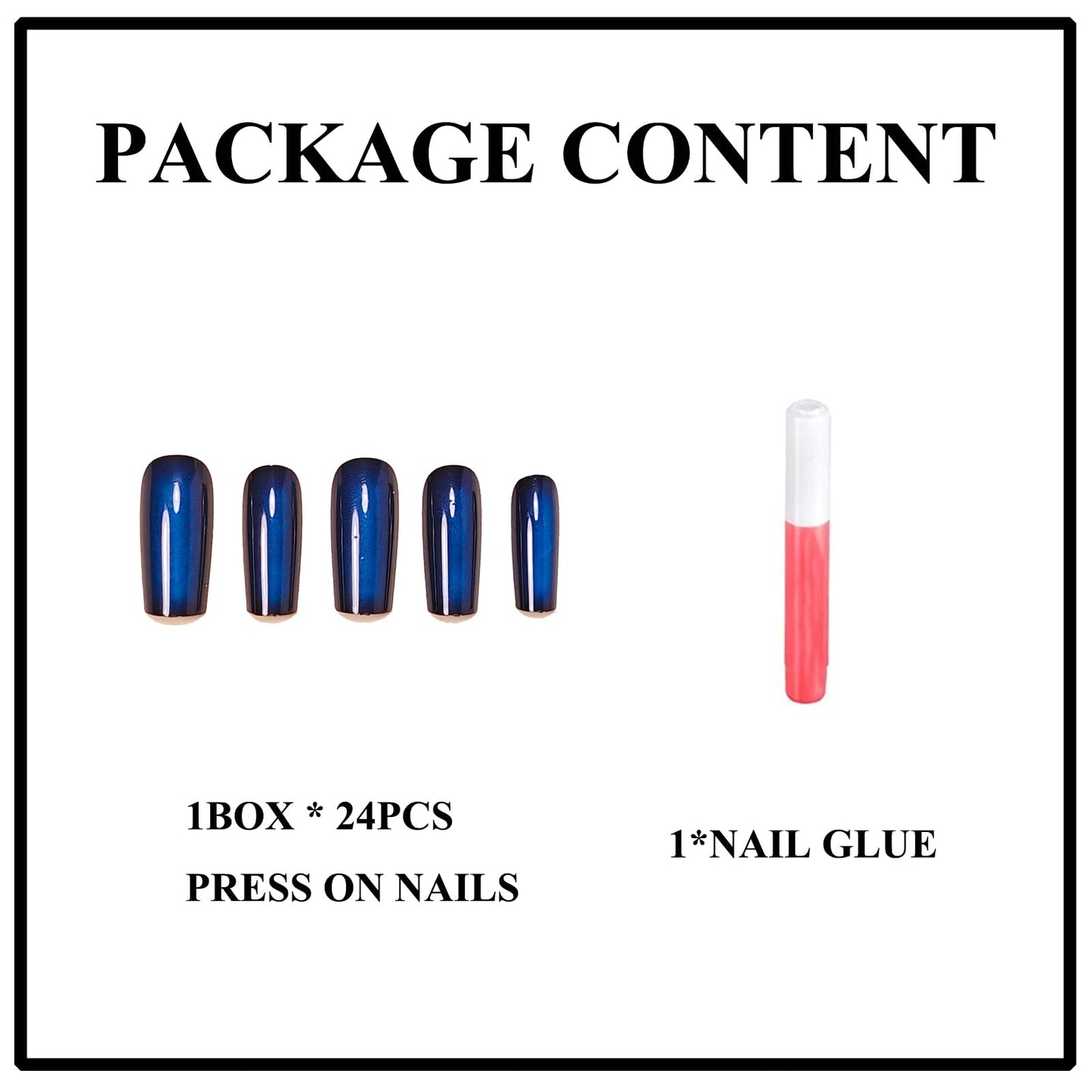 MERVF Long Square Press on Nails, Black Fake Nails Gradient Aura Blue Design Glue ons Solid Color Acrylic Nail Glossy 24pcs
