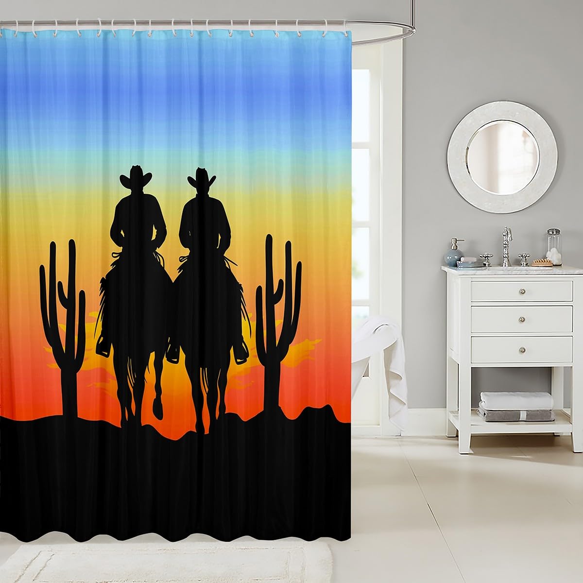 jejeloiu Western Shower Curtain 72"x78" West Cowboy Horse Bath Curtain for Boys Girls Teens Rodeo Cowboy Style Bathroom Shower Curtain Set Waterproof Cactus Kids Bathroom Accessories,12 Hooks Suits