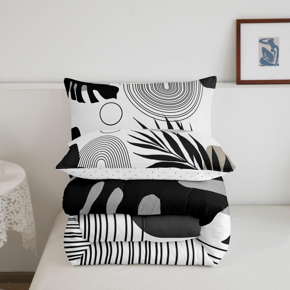 Erosebridal Boho Black White Twin Bedding Set, Mid Century Abstract Tropical Palm Leaf Comforter Set, Modern Minimalist Plant Botanical Comforter, Bohemian Geometric Art Lines Chic Duvet Insert