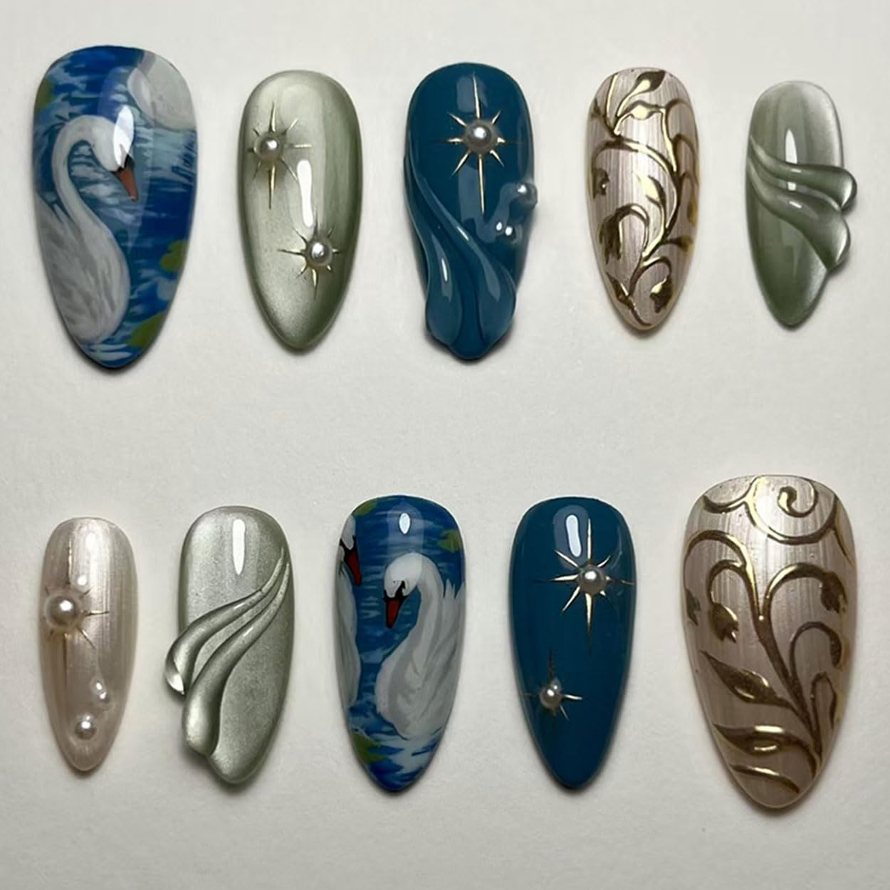 Press on Nails Almond Medium Fake Nails French Tip False Nails Press ons with Glitter Swan Design Glue on Nails Artificial Acrylic Nail Art Glossy Full Cover Stick on Nail Supplies for Women 24Pcs