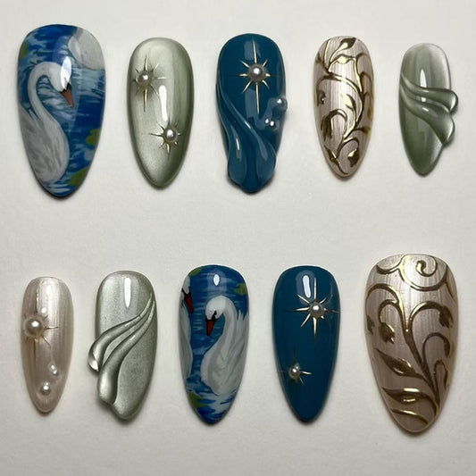 Press on Nails Almond Medium Fake Nails French Tip False Nails Press ons with Glitter Swan Design Glue on Nails Artificial Acrylic Nail Art Glossy Full Cover Stick on Nail Supplies for Women 24Pcs