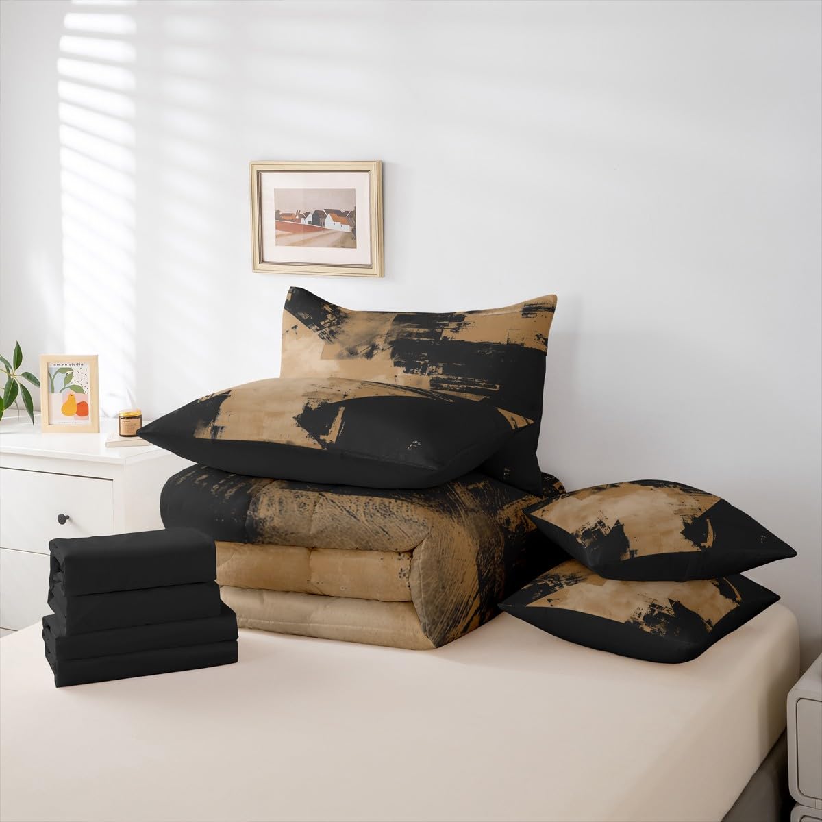 Feelyou Abstract Comforter Set King Size 7 Pieces Modern Abstract Art Bedding Set Luxury Bed in a Bag with Comforter, Sheets, Pillowcases, Cushion Covers Geometric Bedroom Decor Deep Brown