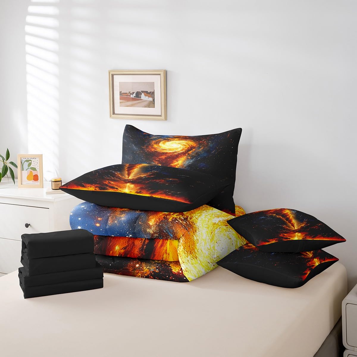 Erosebridal Tornado Comforter Set Queen,Dreamy Golden Nebula Bed in a Bag for Kids Boys Teens,Lava of Volcano Bedding Set 7Pcs,Starry Sky Galaxy Stars Quilt