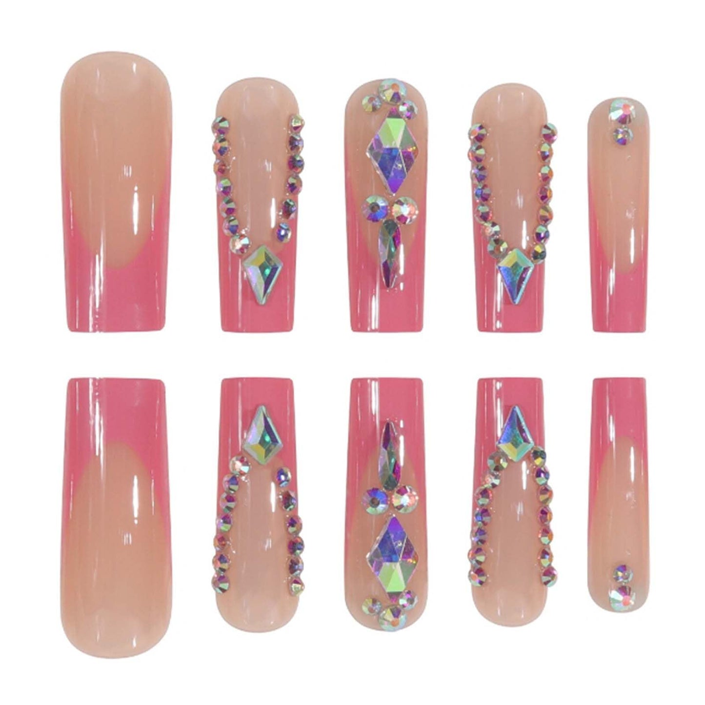 YoYoee Luxury Long Square False Nails Crystal Gem Design Tips Nails Rose French Press on Nails Acrylic Full Cover Fake Nails for Women and Girls 24PCS