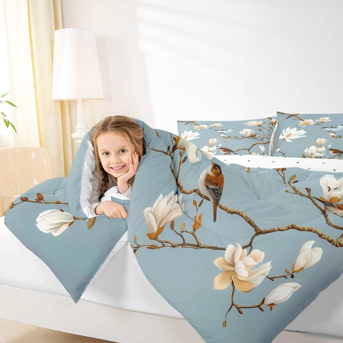 jejeloiu White Magnolia Tree Comforter Set Toddler Size Flower Floral Bedding Set for Kids Boys Girls Bird Duvet Quilt Bedroom Decor Microfiber 2 Pcs with 1 Pillow Cases