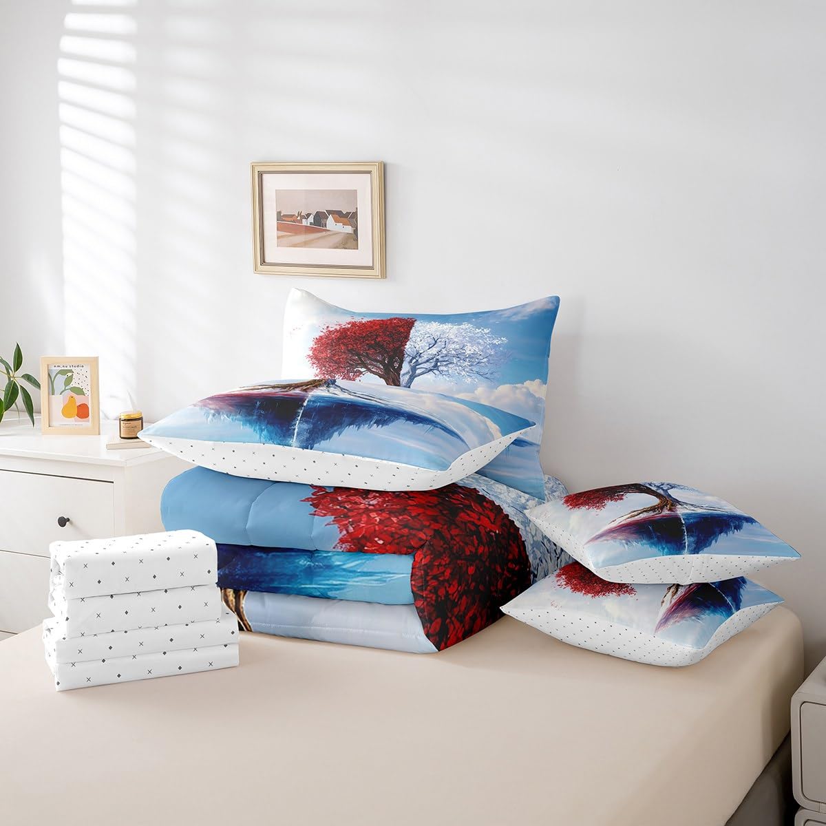 Red and White Tree Branches Pattern 7 Pieces Bedding Set Twin Size Kids Leaf Branches Bed in a Bag with Comforter, Pillowcases Ice Mountain Bed Set Breathable Botanical Room Comforter Set with Sheets