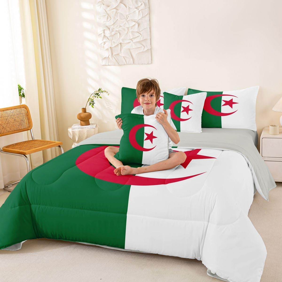 Feelyou Flag of Algeria Comforter Set King SizeAlgerian 7 Pcs Bedding for Kids and AdultsInternational Flag Boys Girls Bed in a Bag Bed Sheet Sets with Fitted Sheet Pillowcases for Bedroom Bed Decor