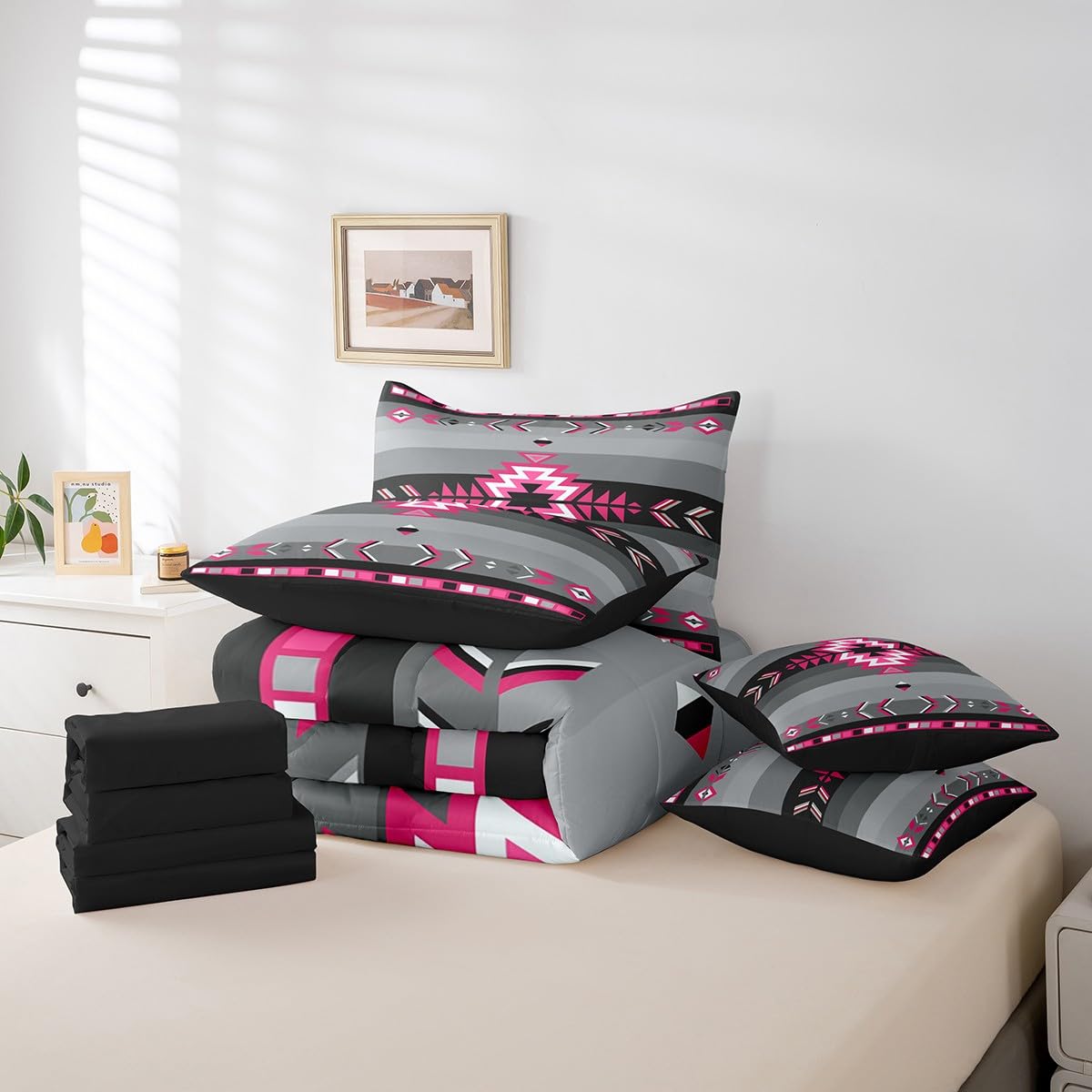 Southwest Native American Bedding Set Queen Southwestern Geometric 7 Piece Bedding Set Decor Tribal Rose Pink Grey Black Bed Set Includes Comforter, Sheet Set, Pillowcases & Pillow Covers Modern Art
