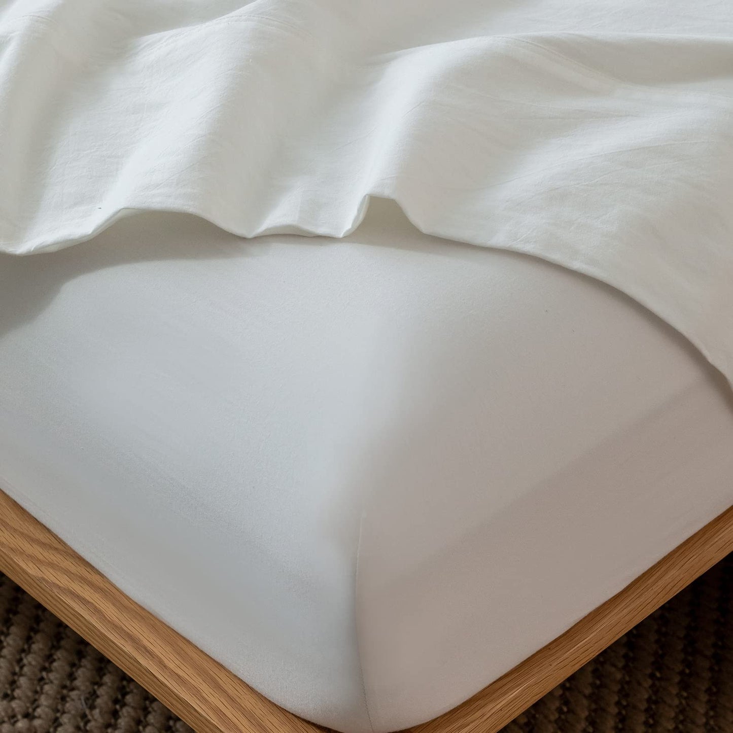 MooMee Fitted Bottom Sheet Only 100% Washed Cotton Linen Like Textured Breathable Durable Soft Comfy Deep Pocket Fits Mattress up to 17" (Off White, Queen)