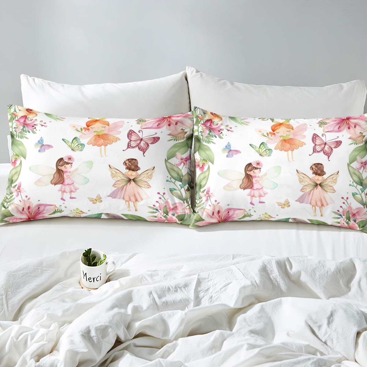 Erosebridal Fairy Garden Twin Bedding Set,Pink Floral Butterfly Fitted Sheet for Girls Kids,Dreamy Flower Girly Bed Set,Coquette Flowers Bed Sheets 2Pcs Room Decor (No Flat Sheet)