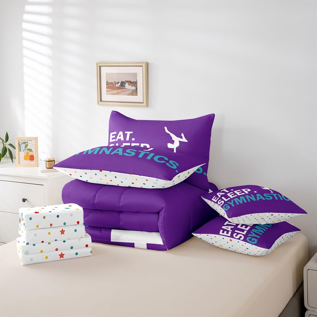 Feelyou Gymnastics Bedding Set Twin Girls Gymnastics Lovers Comforter Set 7 Piece for Kids Women Ultra Soft Sports Bedding Twin Comforter Set Girly Purple Bed in a Bag Room Decor Bed Set
