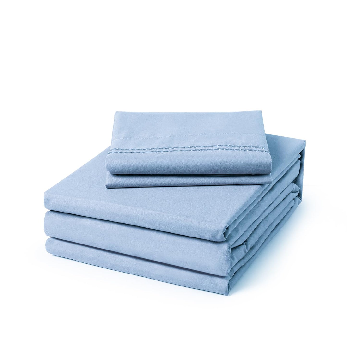 ClevaHome Twin Size Sheet Set - 4 Piece Soft Breathable Luxury Bed Sheet Set - Shrinkage & Fade Resistant Embroidered Bedding Sheet with Deep Pocket, 2 Extra Pillowcases (Twin, Chambray Blue)