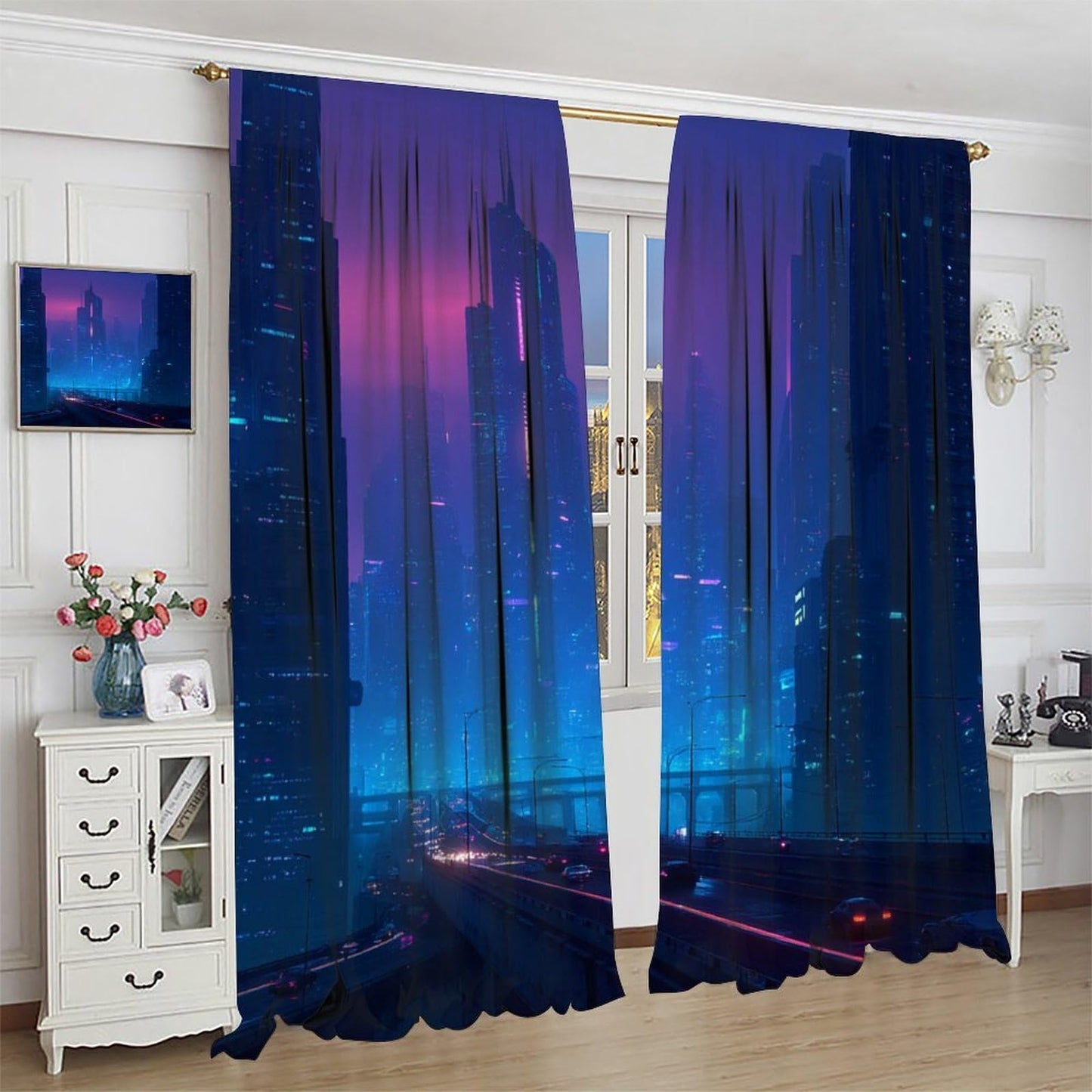 WDHTEXT Novelty Cityscape Blackout Window Curtain Panels, Building Road Rod Pocket Window Drapes for Living Room Bedroom, 2 Panels, Each 21W x 45L