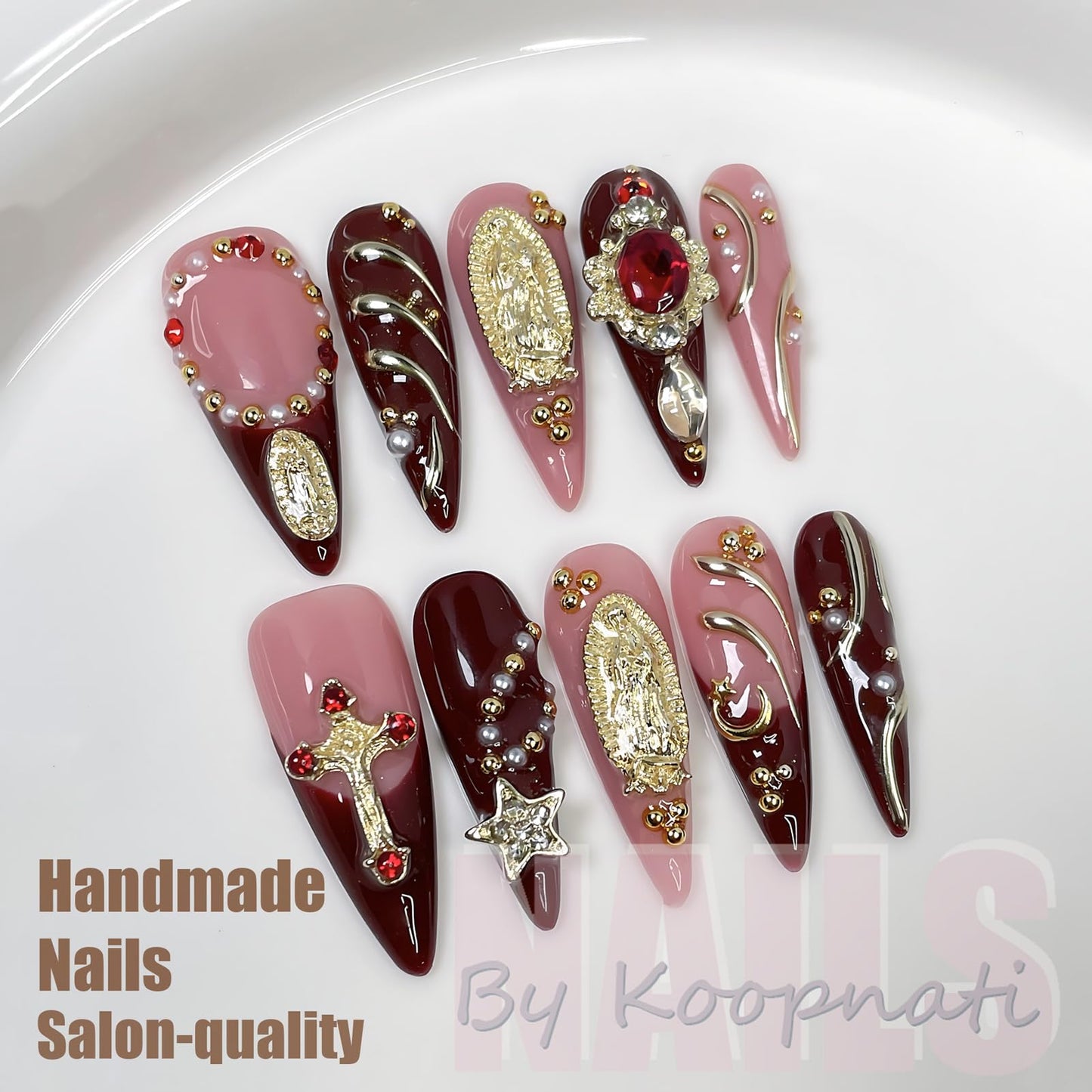 Handmade Press On Nails Almond Gold Homemade Press On Nails French Tip With 3D Design Fake Nail Art For Women M