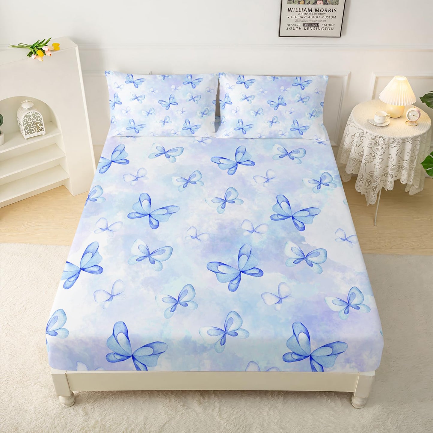QOOMO Butterfly Bowknot Kids Bed Sheets Full Size,Blue Bow Tie Print Bedding Sheet Set,4Pcs Butterfly Knot Deep Pocket Bed Sets with 1 Fitted Sheet 1 Flat Sheet 2 Pillowcases for Boys Girls Teens