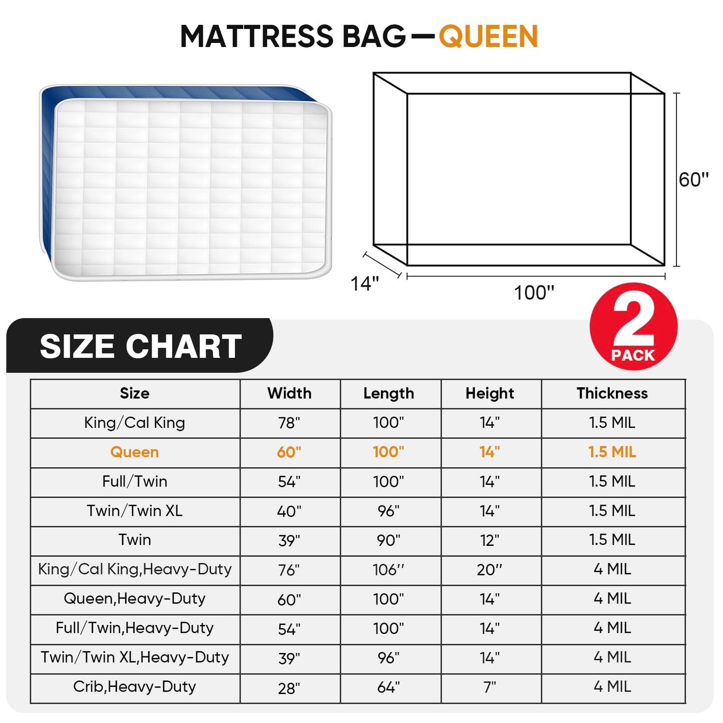 PROWEE 2 PK Queen Mattress Bags for Moving Storage,Mattress Bag for Disposal, Mattress Storage Bag Queen Mattress Cover for Moving