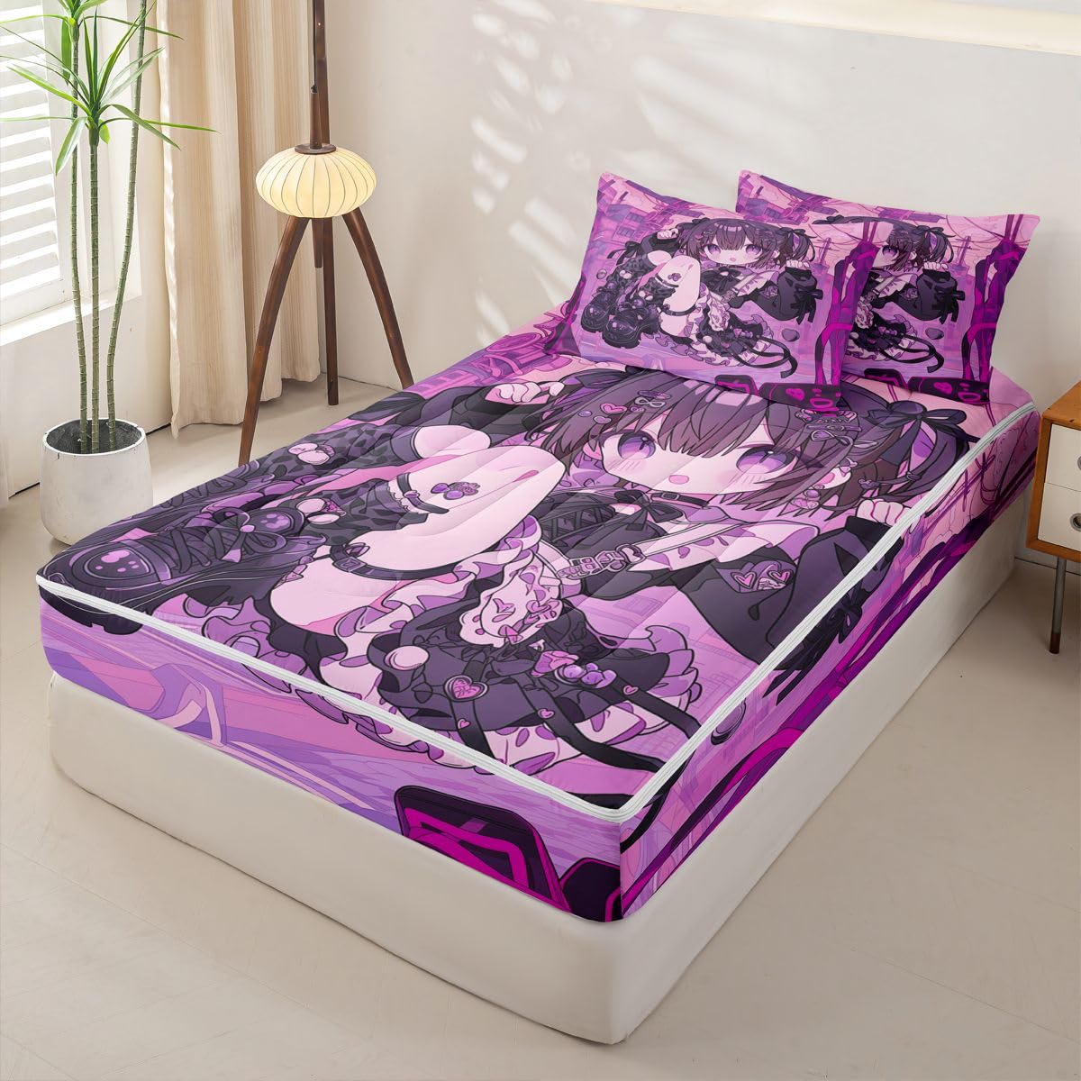 Erosebridal Kawaii Anime Girl Zipper Bedding Twin Size, 3D Japanese Style Kids Comforter Set - Uniform Girls Zip Up Comforter Bed in A Bag