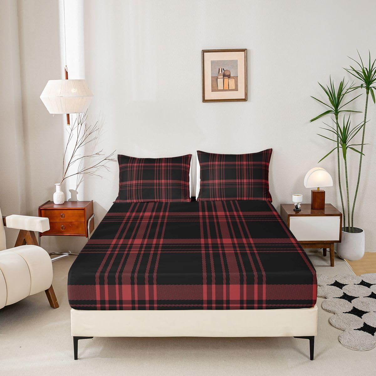 jejeloiu Classic Red Black Plaid Fitted Sheet with 1 Pillowcase Twin Size Checkerboard Bed Sheets Set 16" Deep Pocket Boys Girls Farmhouse Bedding Aesthetic Grid Teens Bedroom Decor Breathable