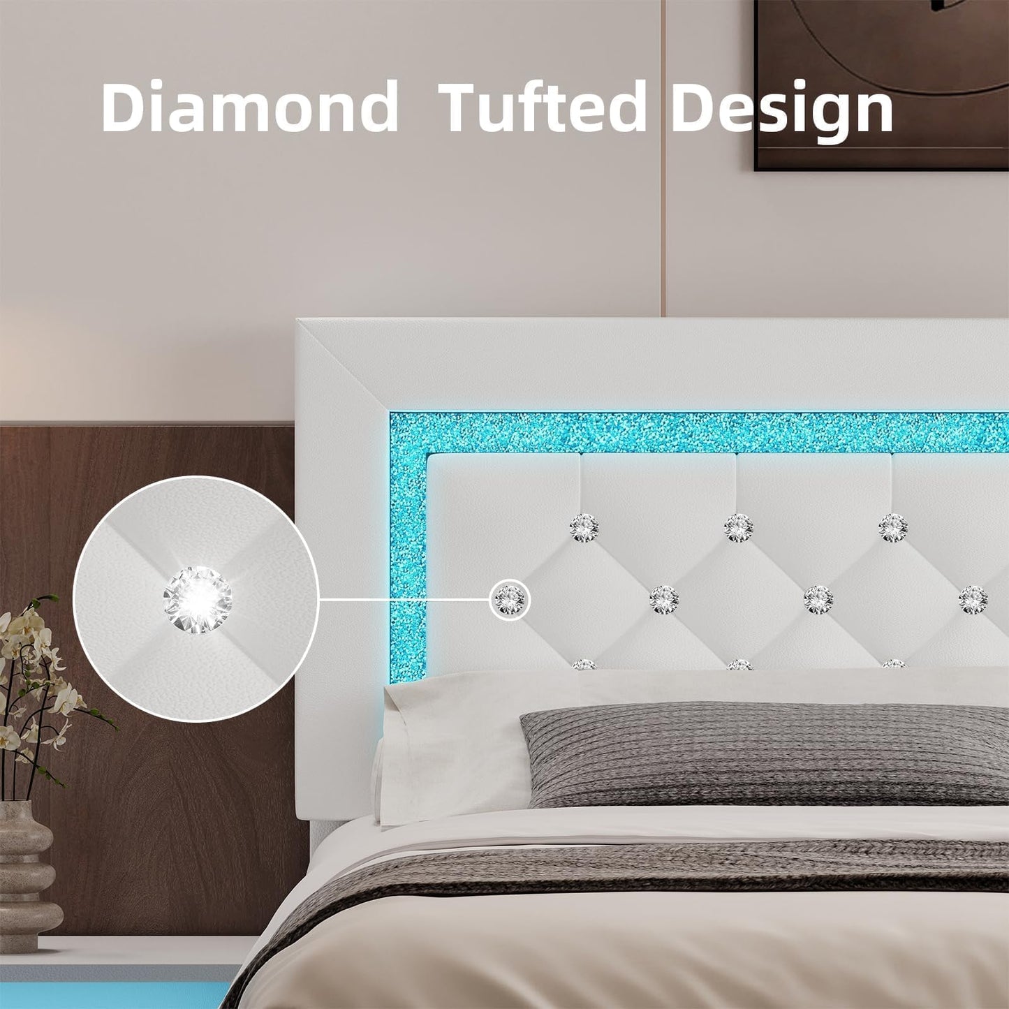 Full Bed Frame with LED Lights, Upholstered Platform Bed with Diamond Tufted Headboard, No Box Spring Needed, Noise Free, Easy Assembly, White