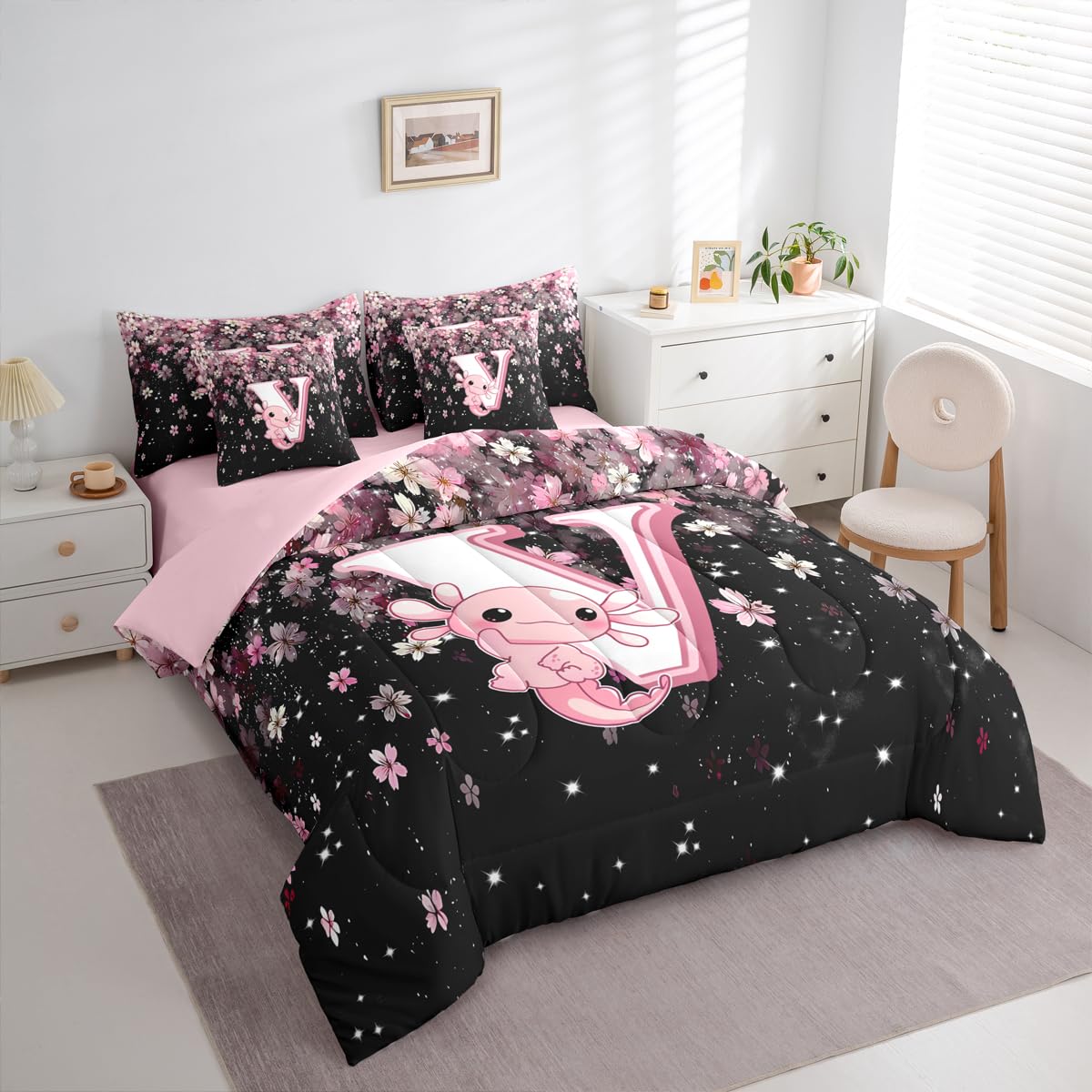Erosebridal 7 Pieces Cute Letter Initial V Bed in A Bag Twin Size | Cute Axolotl Comforter Set with Sheets for Kids Girls Teens Pink and White Cherry Blossom Bedding Set Kawaii Axolotl Quilt Sets