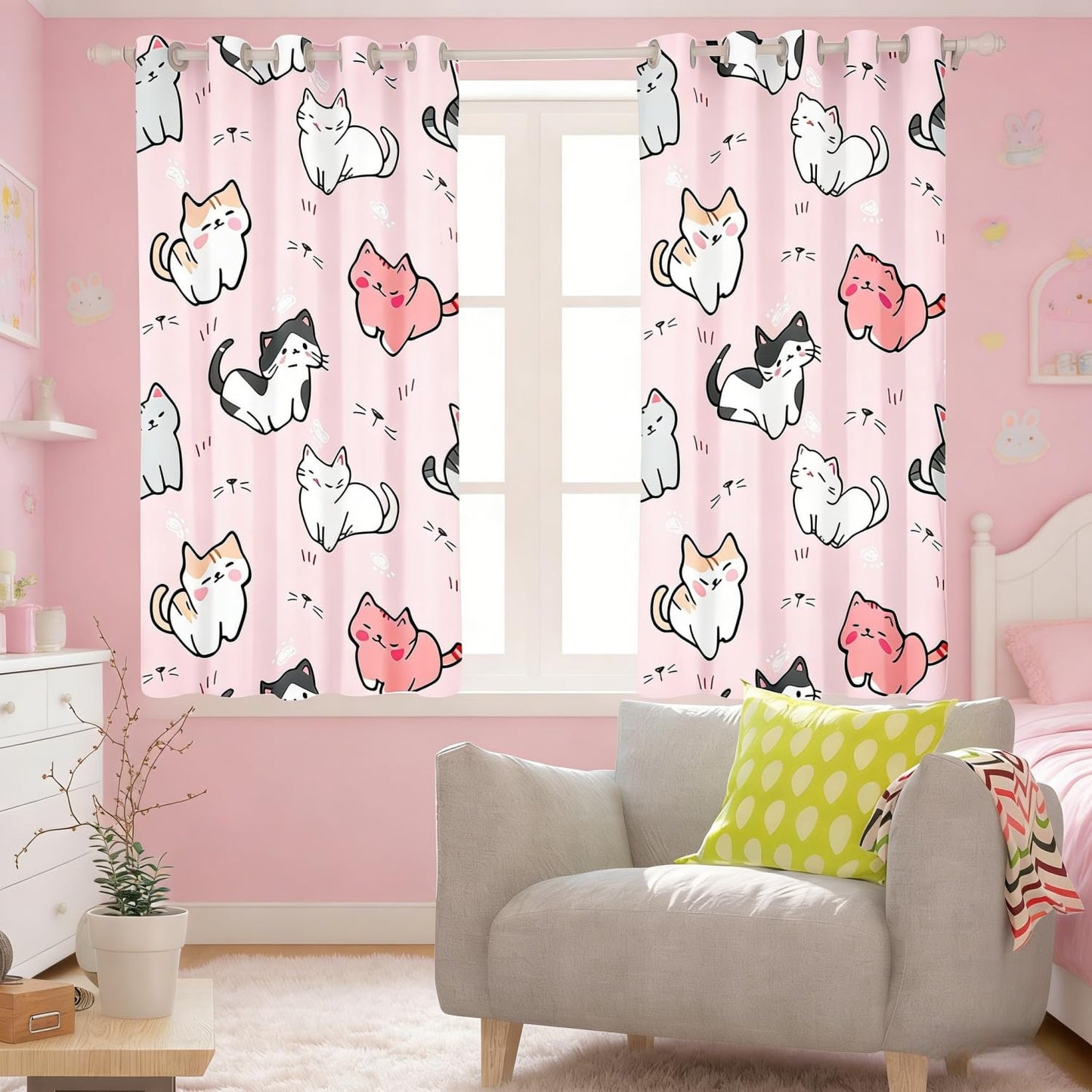 Pink Blackout Cat Curtains - Kawaii Animal Themed, 76Wx54L, Perfect for Kids & Pets, Colorful Kitten Window Treatments