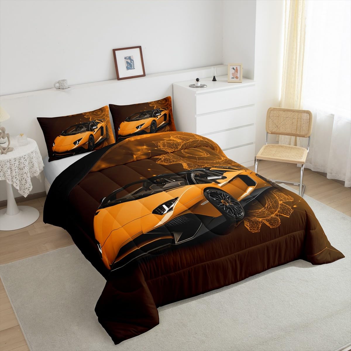 jejeloiu Speed Sports Car Comforter Set All Season Automobile Bedding Set with 1 Pillow Cases Ndustrial Gear Microfiber Kids Twin Bedclothes Bedroom Decor Duvet Quilt Breathable Soft Lightweight