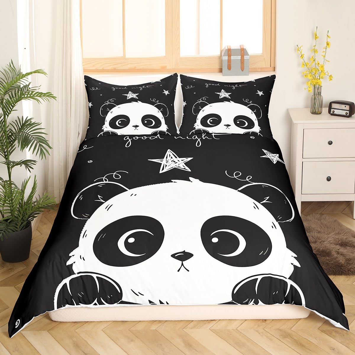 Homewish Panda Bedding Set 3pcs for Kids Boys Girls White Black Comforter Cover Cute Cartoon Pandas Stars Printed Duvet Cover Set Animal Bedspread Cover with 2 Pillow Cases(No Comforter) Queen Size