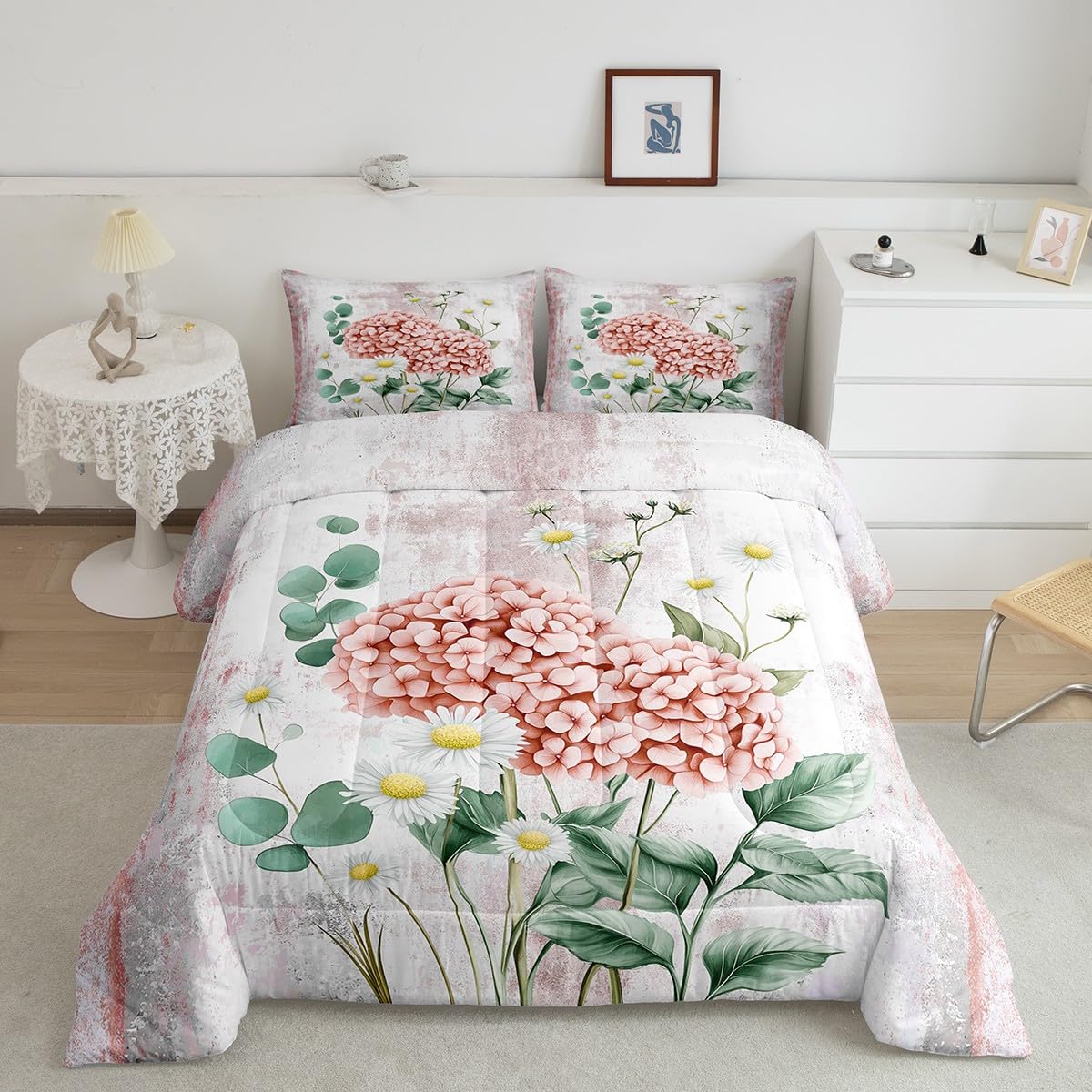 Erosebridal Watercolor Flowers Queen Comforter Set Abstract Oil Painting Hydrangea Bedding Set Rustic Farmhouse Bed Set Ombre Orange White Quilt Set